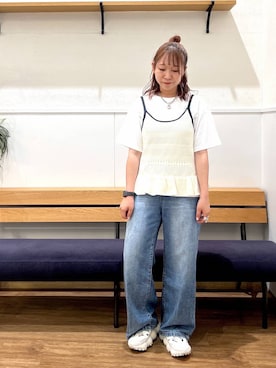 「GLOBAL WORK（グローバルワーク）のGOODデニムイージーパンツ/COOL/636569（デニムパンツ、ブルー系）」を使った、manayan0602さん（レディース）の夏コーディネート