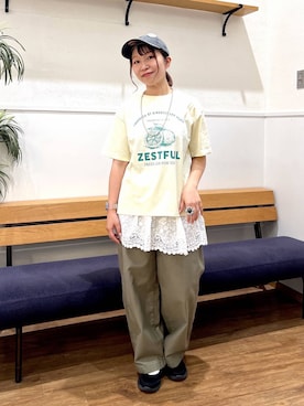 「GLOBAL WORK（グローバルワーク）のヘビロッTEEプリント半袖/636798（Tシャツ/カットソー、イエロー系）」を使った、manayan0602さん（レディース）の春コーディネート