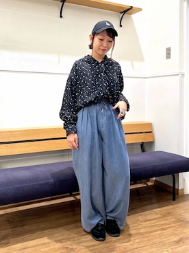 「GLOBAL WORK（グローバルワーク）のスキッパーブラウス長袖/601062（シャツ/ブラウス、ブラック系）」を使った、manayan0602さん（レディース）の春コーディネート
