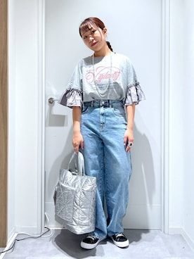 「GLOBAL WORK（グローバルワーク）のGOODデニムバギーパンツ/498388（デニムパンツ）」を使った、manayan0602さん（レディース・158cm）の夏コーディネート