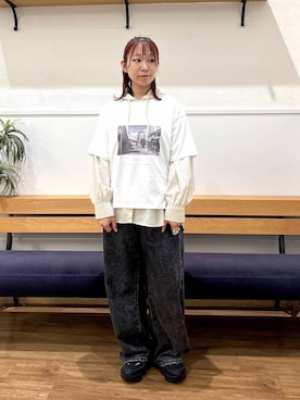 「GLOBAL WORK（グローバルワーク）のGOODデニムバレルCOOL/627009（デニムパンツ、ブラック系）」を使った、manayan0602さん（レディース）の夏コーディネート