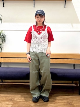「GLOBAL WORK（グローバルワーク）のリッチクリーンプリントT半袖/636780（Tシャツ/カットソー、レッド系）」を使った、manayan0602さん（レディース）の夏コーディネート