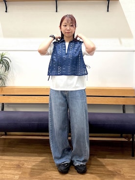 「GLOBAL WORK（グローバルワーク）のGOODデニムバレルパンツ/600980（デニムパンツ、ブルー系）」を使った、manayan0602さん（レディース）の夏コーディネート