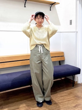 「GLOBAL WORK（グローバルワーク）のリネンコットンMIXVネックプルオーバー長袖/636123（ニット/セーター、イエロー系）」を使った、manayan0602さん（レディース）の春コーディネート
