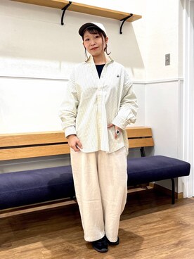 「GLOBAL WORK（グローバルワーク）のフレンチリネンワイドパンツ/600996（その他パンツ、ホワイト系）」を使った、manayan0602さん（レディース）の春コーディネート