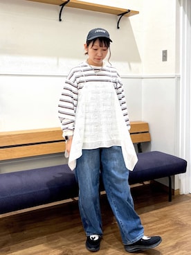 「GLOBAL WORK（グローバルワーク）のGOODデニムバレルパンツ/600980（デニムパンツ、ブルー系）」を使った、manayan0602さん（レディース）の春コーディネート