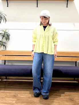 「GLOBAL WORK（グローバルワーク）のmeets India/ハシゴレースブラウス/601190（シャツ/ブラウス、イエロー系）」を使った、manayan0602さん（レディース）の夏コーディネート