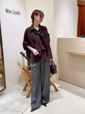 「Whim Gazette（ウィムガゼット）のデニムボウタイシャツ（シャツ/ブラウス、ブラウン系）」を使った、あおさや。さん（レディース・160cm）の夏コーディネート