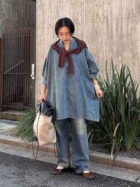 「Drawing Numbers（ドローイング ナンバーズ）の【Drawing Numbers】リブVネックカーディガン（カーディガン/ボレロ、ブラウン系）」を使った、AZUMIさん（レディース・160cm）の春コーディネート