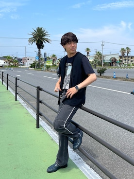 「黒Tシャツ」｜「アイテム（ベスト、ブラック系）」を使った、r    I    k  uさん（メンズ・171cm）の夏コーディネート