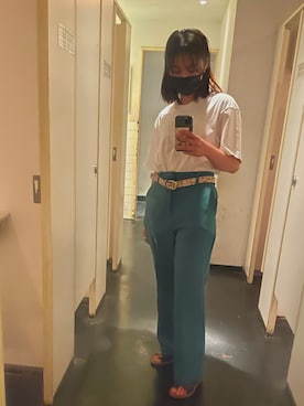 「PAGEBOY（ページボーイ）の【XS/S/M/L/XLサイズ】【WEB限定アイテム】センタープレスフレアパンツ（スラックス、グリーン系）」を使った、zawachannelさん（レディース・163cm）の夏コーディネート