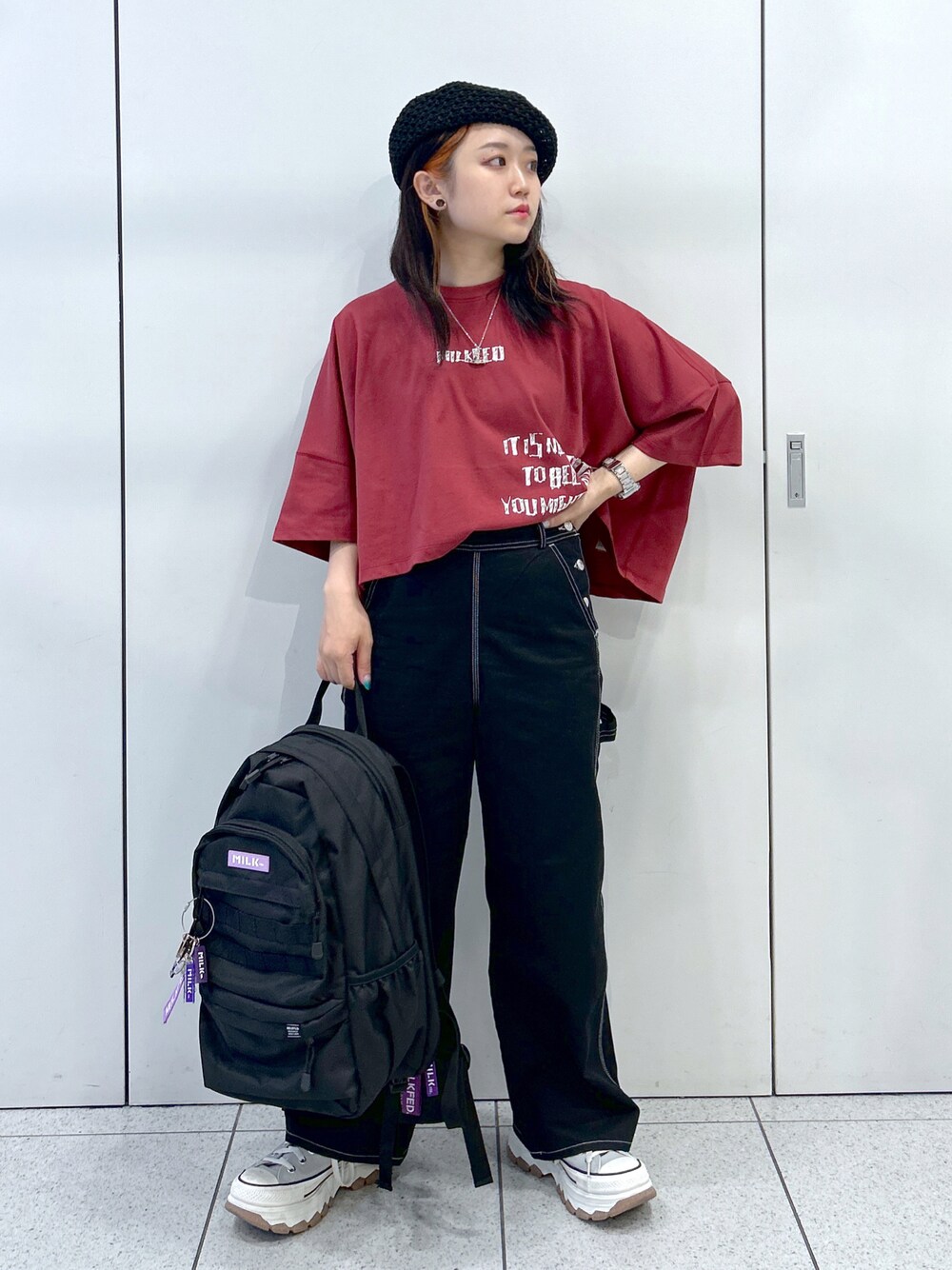 「WEARyouthコーデ、夏コーデ、低身長女子、骨格ウェーブ、ミルクフェド、ミルクフェド(MILKFED.)、MILKFED.、バックパック、リュック、ハイウエスト、おでかけコーデ、着回しコーデ、ベレー帽、厚底スニーカー、ZOZOセール2023夏」｜「RAY CASSINのアイテム（ハンチング/ベレー帽、ブラック系）」を使った、レイナさん（レディース・154cm）の夏コーディネートの1枚目の写真