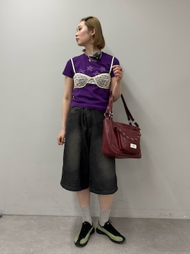 「CIAOPANIC（チャオパニック）の【2サイズ展開】スターワッペンTee（Tシャツ/カットソー、パープル系）」を使った、oairidaoさん（レディース・166cm）の夏コーディネート