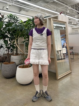「CIAOPANIC（チャオパニック）のコットンレース裾ティアードショートパンツ（その他パンツ、ホワイト系）」を使った、oairidaoさん（レディース・166cm）の春コーディネート