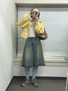 「CIAOPANIC（チャオパニック）の【無地／花柄】裾フリルデニムハーフパンツ（デニムパンツ、ブルー系）」を使った、oairidaoさん（レディース・166cm）の春コーディネート