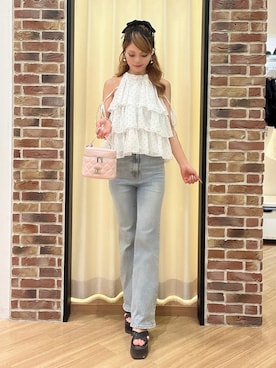 「INGNI（イング）の2Wayリボンティアードアメスリブラウス（シャツ/ブラウス、ホワイト系）」を使った、Yさん（レディース・155cm）の夏コーディネート