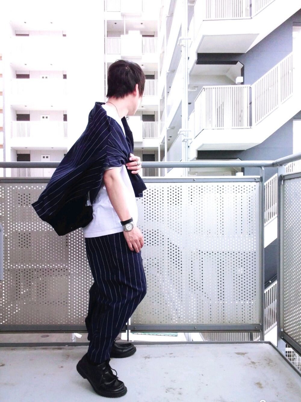 「きれいめカジュアル、低身長、おしゃれさんと繋がりたい、お洒落さんとつながりたい、UNIQLO、GU、肩掛けカーデ、オーバーサイズ、セットアップ、プチプラ」｜「GUのオープンカラーシャツ GU✕MIHARAYASUHIRO（シャツ/ブラウス、ブルー系）」を使った、ゆきだるまさん（メンズ・168cm）の夏コーディネートの1枚目の写真