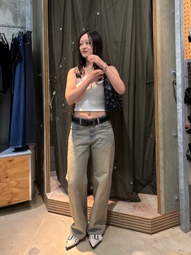 「WHO'S WHO gallery（フーズフーギャラリー）のスタッズベルト（ベルト）」を使った、mashiroさん（レディース・153cm）の夏コーディネート