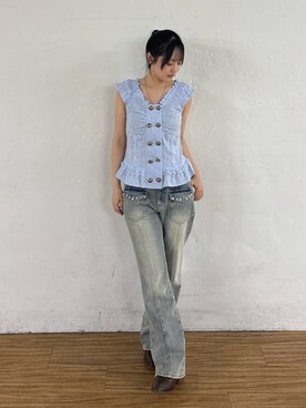 「WHO'S WHO gallery（フーズフーギャラリー）のWボタンレースチュニック（シャツ/ブラウス、ブルー系）」を使った、mashiroさん（レディース・153cm）の夏コーディネート