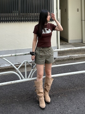 「WHO'S WHO gallery（フーズフーギャラリー）の【WEB限定カラーあり】デフォルメレースロゴチビT（Tシャツ/カットソー、ブラウン系）」を使った、mashiroさん（レディース・153cm）の春コーディネート