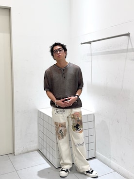 「SENSE OF PLACE by URBAN RESEARCH(センスオブプレイスバイアーバンリサーチ)の『洗濯可』リネンタッチメッシュヘンリーニット(ニット/セーター、ブラウン系)」を使った、reosakuraiさん(メンズ・163cm)の夏コーディネート