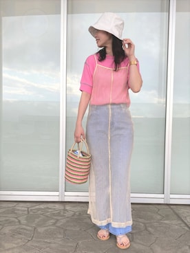 「ワッフルクルーネックＴ」｜「アイテム（ワンピース/ドレス）」を使った、FREDY&GLOSTER stylingさん（レディース・160cm）の夏コーディネート