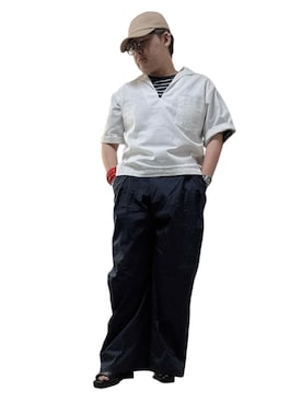 「HARE（ハレ）のシルバーハイソールサンダル(HARE)（サンダル）」を使った、テツロウ+さん（メンズ・165cm）の夏コーディネート