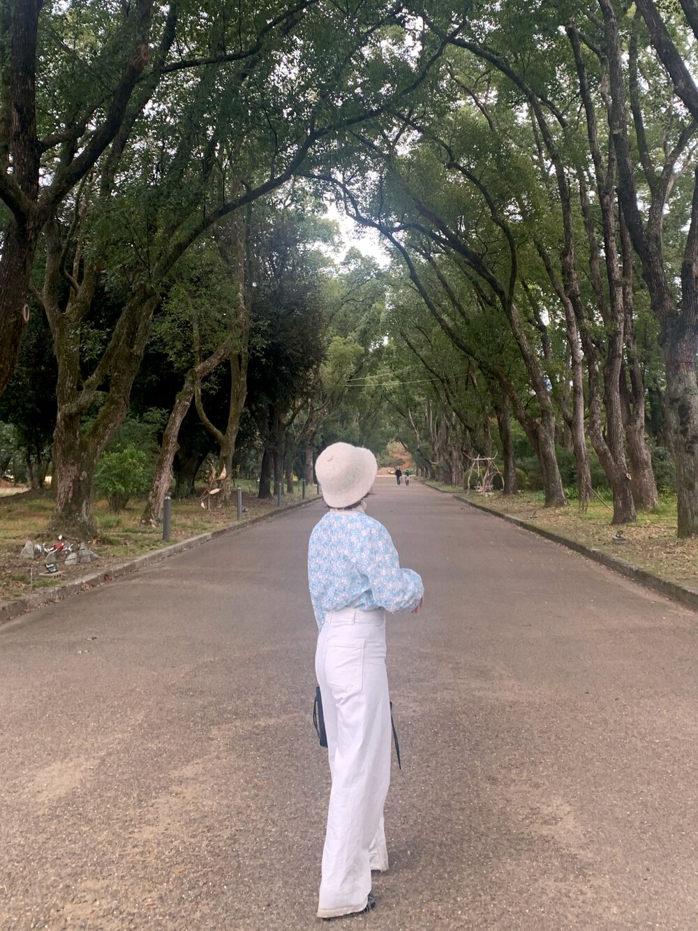 「京都、植物園、休日コーデ、白×水色、白デニム、モケモケハット、タートルネック、足袋ブーツ、sy_ootd、フォロー、イイネ、お気に入り登録お願いします♡、instagram:sh_u41z」｜「👵🏻のおさがりのアイテム（トップス、ブルー系）」を使った、sshuuさん（レディース・154cm）の夏コーディネートの1枚目の写真