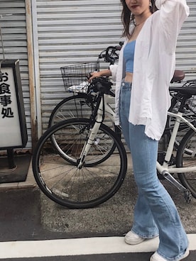 「アイテム（チューブトップ、ブルー系）」を使った、7chu5nさん（レディース・167cm）の秋コーディネート