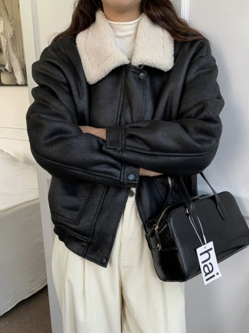 セール】Boa Liner Fake Leather Blouson / 襟ボア レザージャケット