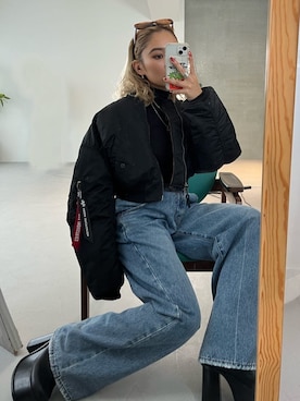 「Alpha Industries（アルファインダストリーズ）のアイテム（MA-1）」を使った、市川あん(EMODA)さん（レディース・153cm）の秋コーディネート