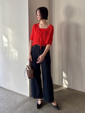「LAGUNAMOON（ラグナムーン）のスカラップヘムレースニットアンサンブル 【春服】【セットアップ】（Ensemble、オレンジ系）」を使った、MASAKI KISEさん（レディース・168cm）の春コーディネート