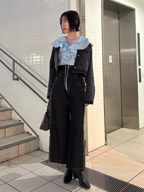 タグ付き未使用◼️レカッドLEk cud ジップアップノーカラーシアーブルゾン ツイードライクノーカラーデニムジャケット｜ラグナムーン（LAGUNAMOON
