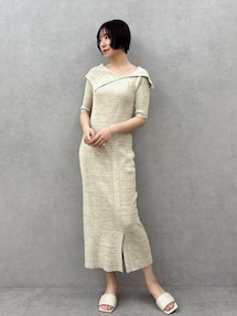 アシメネックリブハーフスリーブニットワンピース｜ラグナムーン