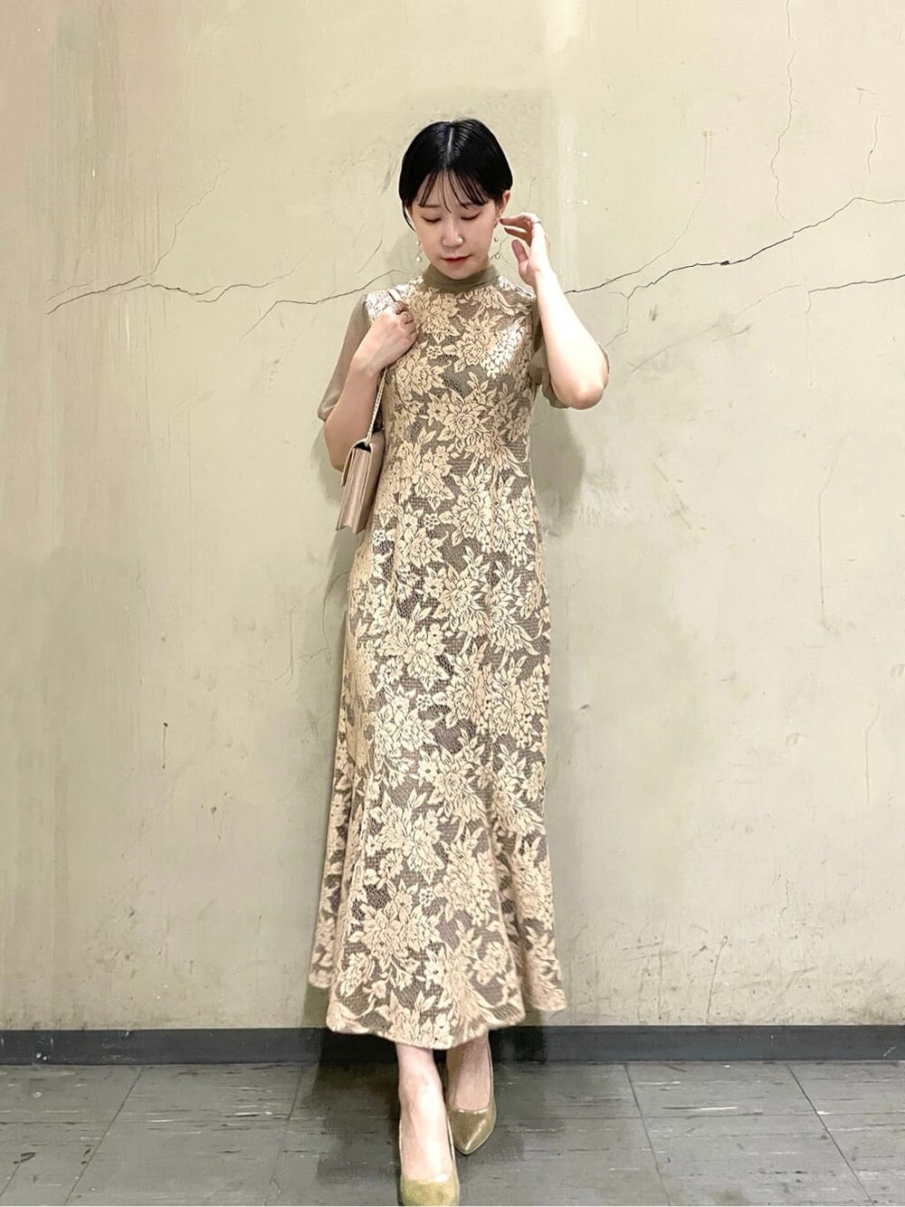 ラグナムーン　LADYジャガードレースフレアワンピース　リボン　パフスリーブ　M LAGUNAMOON ラグナムーン LADYジャガードレースフレアドレス
