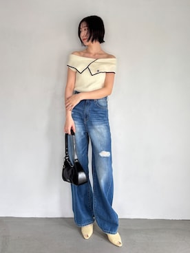 「LAGUNAMOON（ラグナムーン）のリップドデニムパンツ（Denim pants、ブルー系）」を使った、MASAKI KISEさん（レディース・168cm）の春コーディネート