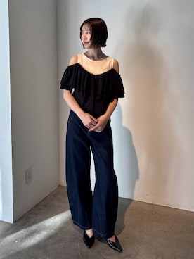 「LAGUNAMOON（ラグナムーン）のセミワイドカーブデニムパンツ（Denim pants、ブルー系）」を使った、MASAKI KISEさん（レディース・168cm）の春コーディネート