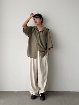 「LOWRYS FARM（ローリーズファーム）の【LFM(U)】チェックフーディショートシャツＳＳ　 1043924（シャツ/ブラウス、グリーン系）」を使った、pecoさん（レディース・165cm）の夏コーディネート