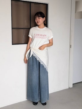 「LOWRYS FARM（ローリーズファーム）のイージーバギーデニム　601067（デニムパンツ、ブルー系）」を使った、pecoさん（レディース・165cm）の春コーディネート
