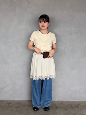 「LOWRYS FARM（ローリーズファーム）のハイショク２ＰプルオーバーＳＳ 638386（Tシャツ/カットソー、ベージュ系）」を使った、pecoさん（レディース・165cm）の春コーディネート
