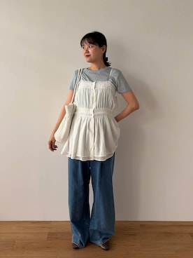 「LOWRYS FARM（ローリーズファーム）のギャザーキャミチュニック 1046070（キャミソール、ホワイト系）」を使った、pecoさん（レディース・165cm）の夏コーディネート