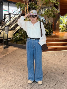 「LOWRYS FARM（ローリーズファーム）のヤワラカルイ２ＷＡＹショルダーＢＡＧ 115210（ショルダーバッグ、ブラウン系）」を使った、pecoさん（レディース・165cm）の夏コーディネート