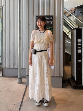 「LOWRYS FARM（ローリーズファーム）のポーチツキ２ＷＡＹベルト 656106（ベルト、ブラック系）」を使った、pecoさん（レディース・165cm）の夏コーディネート