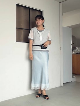 「LOWRYS FARM（ローリーズファーム）のレイヤードヘンリーSS　638392（Tシャツ/カットソー、ホワイト系）」を使った、pecoさん（レディース・165cm）の春コーディネート
