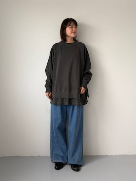「LOWRYS FARM（ローリーズファーム）の【LFM(U)】フェイクレイヤードスウェットクルーネック　1070125（スウェット、ブラック系）」を使った、pecoさん（レディース・165cm）の夏コーディネート