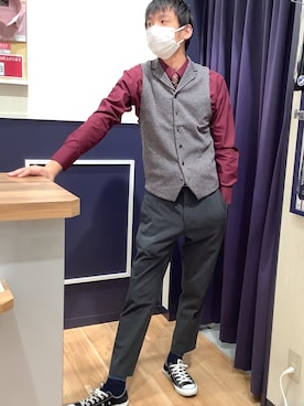 「アイテム（ビジネスシャツ、レッド系）」を使った、BRICK HOUSE by Tokyo Shirts 盛岡南イオンモール店さん（メンズ・175cm）の秋コーディネート