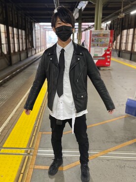 「アイテム（ライダースジャケット）」を使った、Akiさん（メンズ・166cm・10代）の冬コーディネート