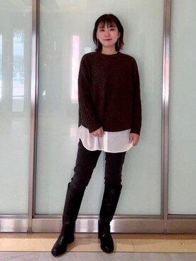 「INDIVI（インディヴィ）の【洗える】ケーブルデザイン ラウンドヘムニット（ニット/セーター、ブラウン系）」を使った、mayutaさん（レディース・158cm）の冬コーディネート