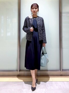 「INDIVI（インディヴィ）の【セレモニー／洗える】ミックスツイードライトジャケット（ノーカラージャケット、ブルー系）」を使った、mayutaさん（レディース・158cm）の冬コーディネート