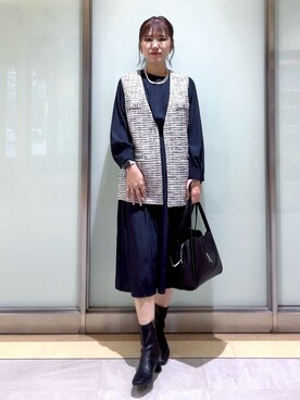 「INDIVI（インディヴィ）の【洗える】ギャザーフレアワンピース（ワンピース、ブルー系）」を使った、mayutaさん（レディース・158cm）の冬コーディネート